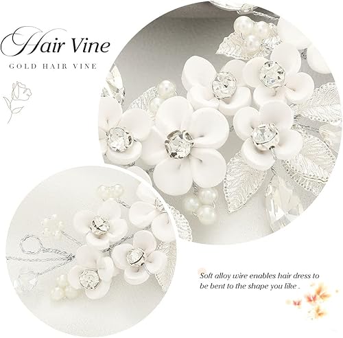 Miniatura 4 de Unicra Flor plateada novia boda pelo vid perla pieza de pelo de novia diamantes de imitación accesorios para el cabello hoja diadema para mujeres y