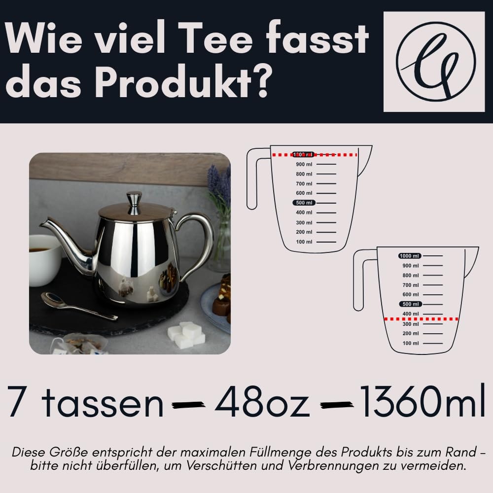 Café Olé PT-048 Cafe Ole Erstklassige Premium Teekanne, 18/10 Edelstahl, 48 Ounces, Tropffreies Ausgießen, hohle Griffen & Klappdeckel, Silber