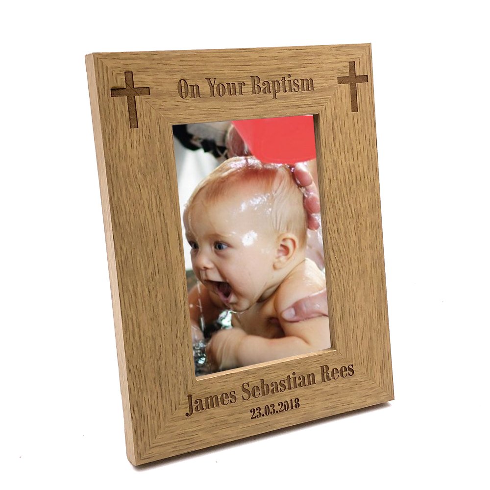 Ukgiftstoreonline Baptism Gift Personalised Engraved Wooden Photo Frame (4 X 6 Inches)