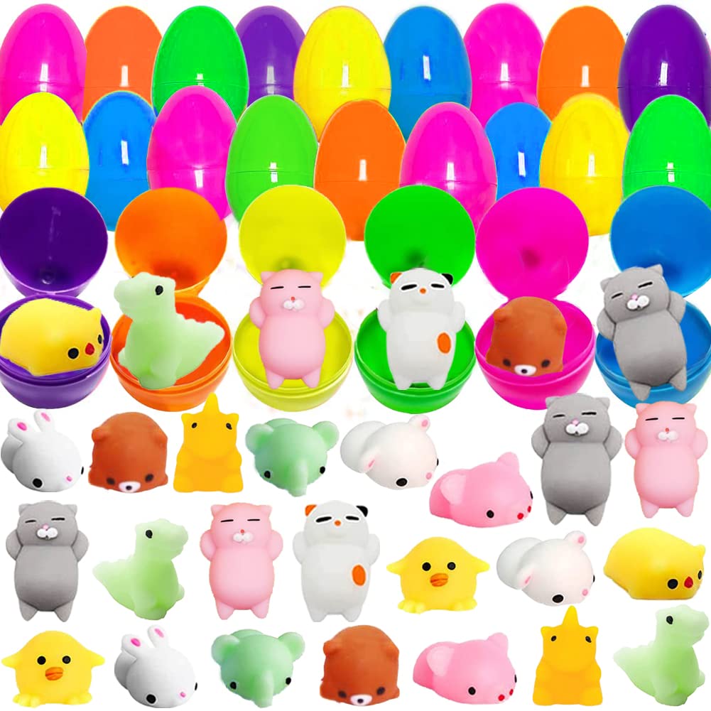 28PCS Easter Eggs + 28PCS Mochi Squishy Toys, Surprise Eggs Filled Mini Animal Squishy Stress Relief Toys for Kids Easter Mochi Squishies Party Favor, Easter Basket Stuffers, Easter Eggs Fillers Gifts