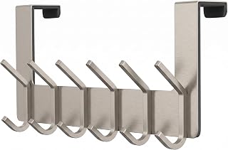 Brushed Nickel Over The Door Hooks – Heavy Duty Stainless Steel Door Hanger with 6 Double Hooks for Hanging Towels, Coats, Robes, Hats, Bags – No Drill Over Door Towel Rack for Bathroom & Bedroom