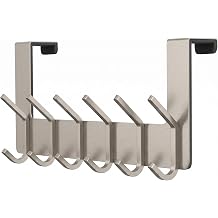 Brushed Nickel Over The Door Hooks Heavy Duty Stainless Steel Door Hanger with 6 Double Hooks for Hanging Towels, Coats, Robes, Hats, Bags No Drill Over Door Towel Rack for Bathroom & Bedroom