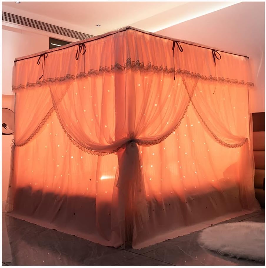 Fabric Bed Drapes Mesh Protection Canopy Shielding Netting,4-Corner Column Double-Layer Bed Canopy Mosquito net, hollowout Starry Romantic Bed Curtain, Adjustable Height Metal Bracket (Color