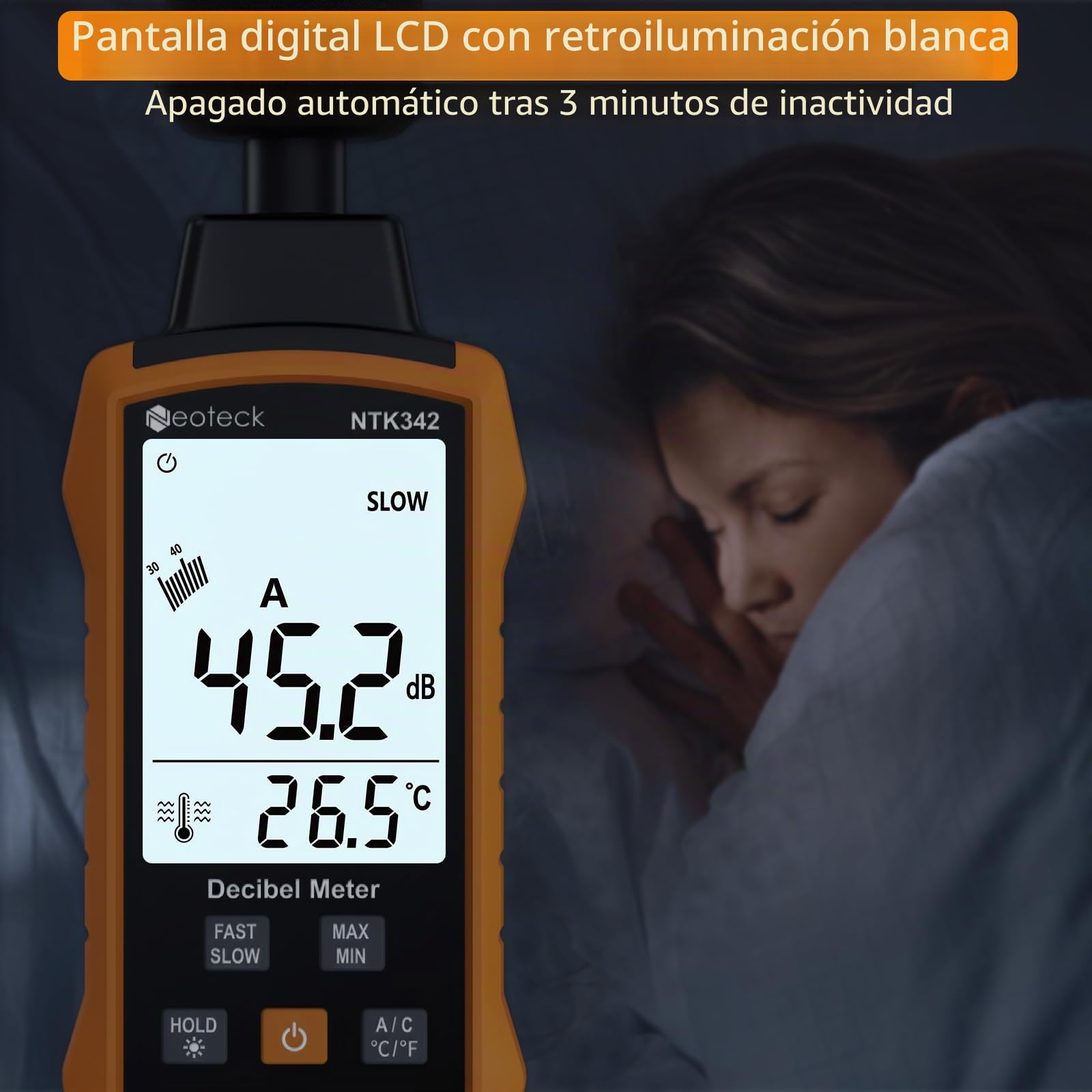 Neoteck Medidor Decibelios 30-130dB Medidor Portátil db con Ponderación A/C Sonometro con Pantalla Retroiluminada Blanca,MÁX/MÍN,Retención de Datos Sonometro para Hogar Oficina Fábrica