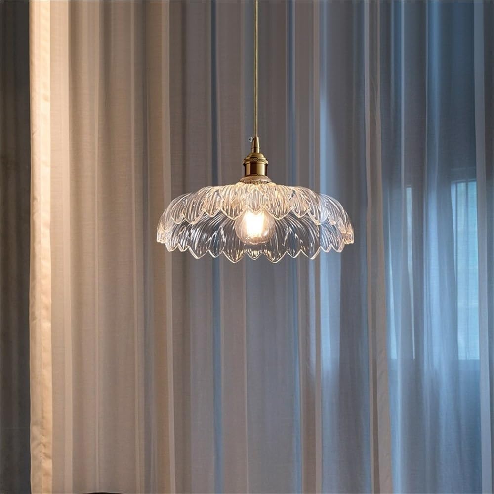 Flower Shape Glass Lampshade Pendant Light with E26/E27 Brass Base Pendant Lamp 9.8in Kitchen Island Decorative Hanging Light