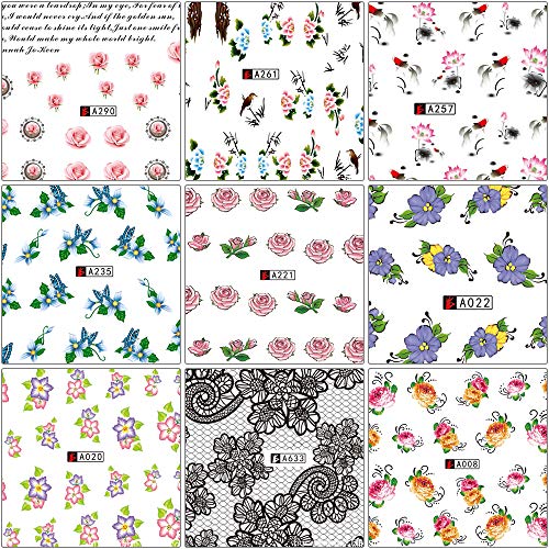 50 Blatt Wassertransfer Nagelsticker Nagelaufkleber Selbstklebend Nagel Kunst Aufkleber mit Blumen Schmetterling… – Bild 3