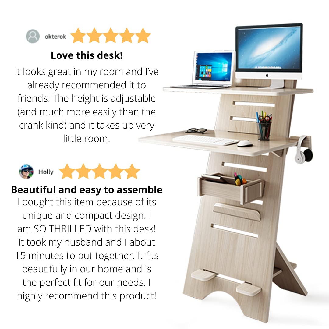 ecotribe Modern Height Adjustable 2 Tier Desk for Small Spaces Compact Narrow 30 inch Wide Sit