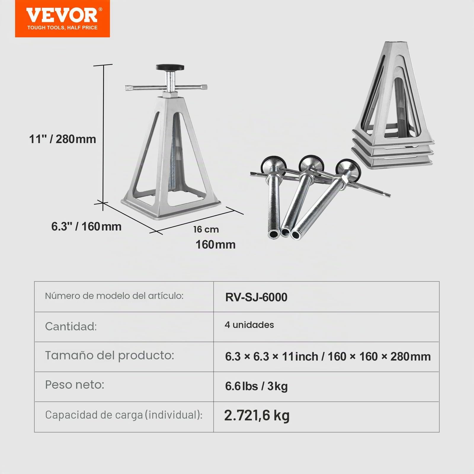 VEVOR 4 PCS Gatos Estabilizadores para Caravanas Caballete de Apoyo para Vehículos Carga de 2,72 T Cada Uno Soporte de Aluminio para Caravanas Altura Ajustable 280-435 mm para Nivelación de Remolques