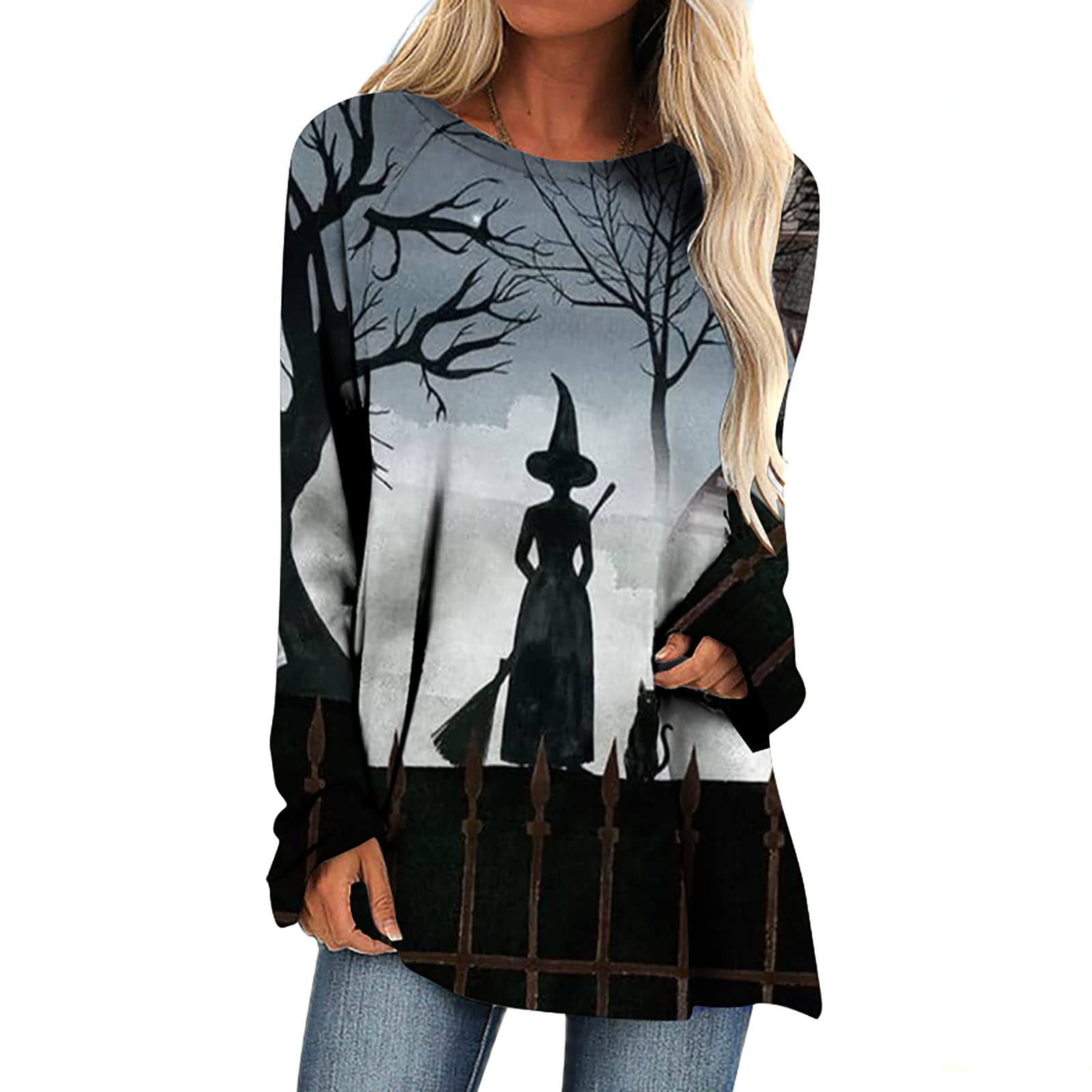 HuilaibazoHalloween Tunic Tops for Women Fall T Shirt Flowy Pullover Top Long Sleeve Blouse Shirts Tunics Wear with Leggings