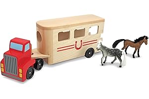 Melissa & Doug Stable Wooden Vehicle Play Set With 2 Flocked Horses and Pull-Down Ramp