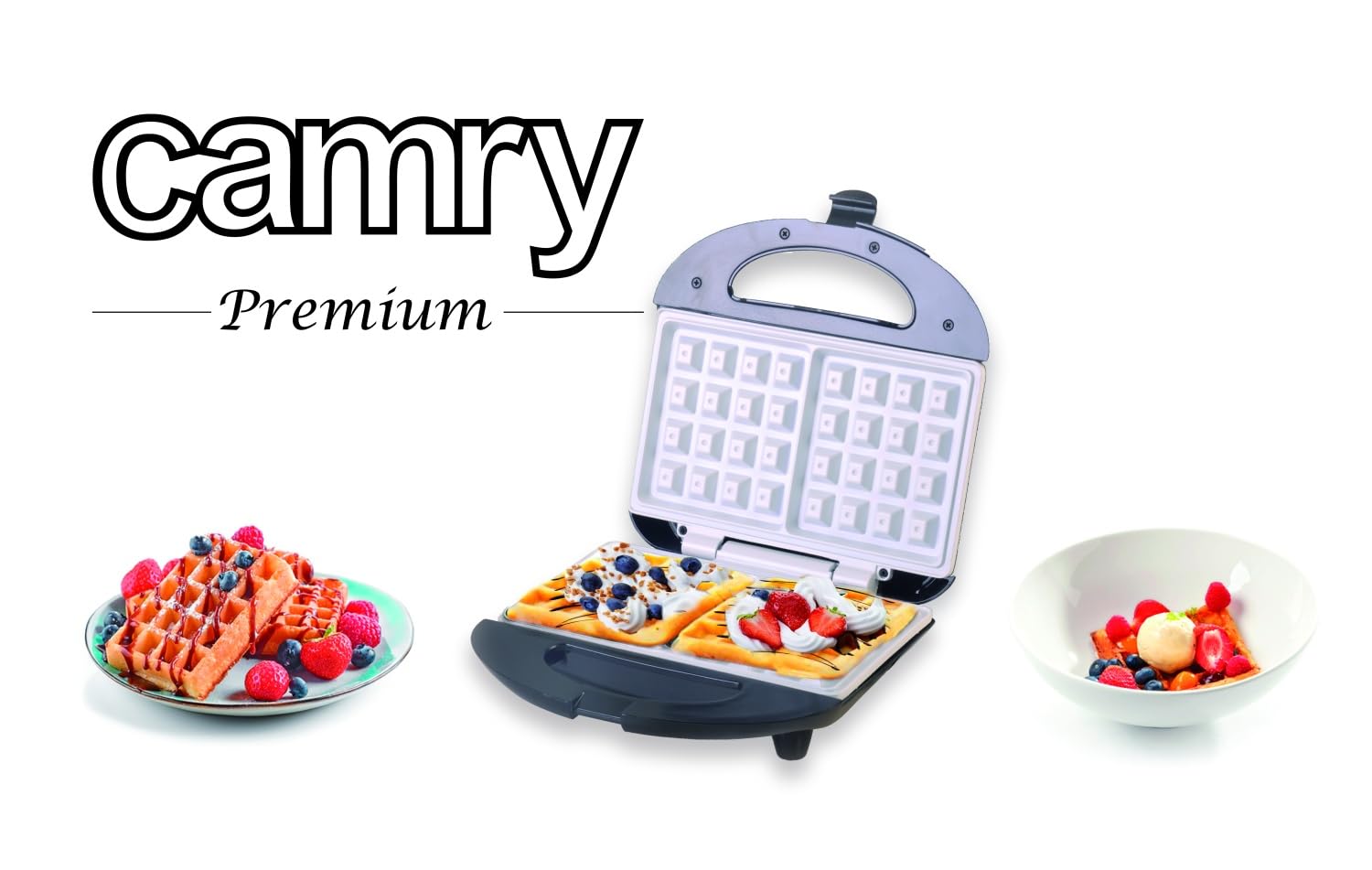 Camry - CR 3019, Piastra elettrica per 2 waffle, piastre in ceramica antiaderenti, temperatura automatica, alloggiamento in acciaio inossidabile freddo al tatto, 1000 W