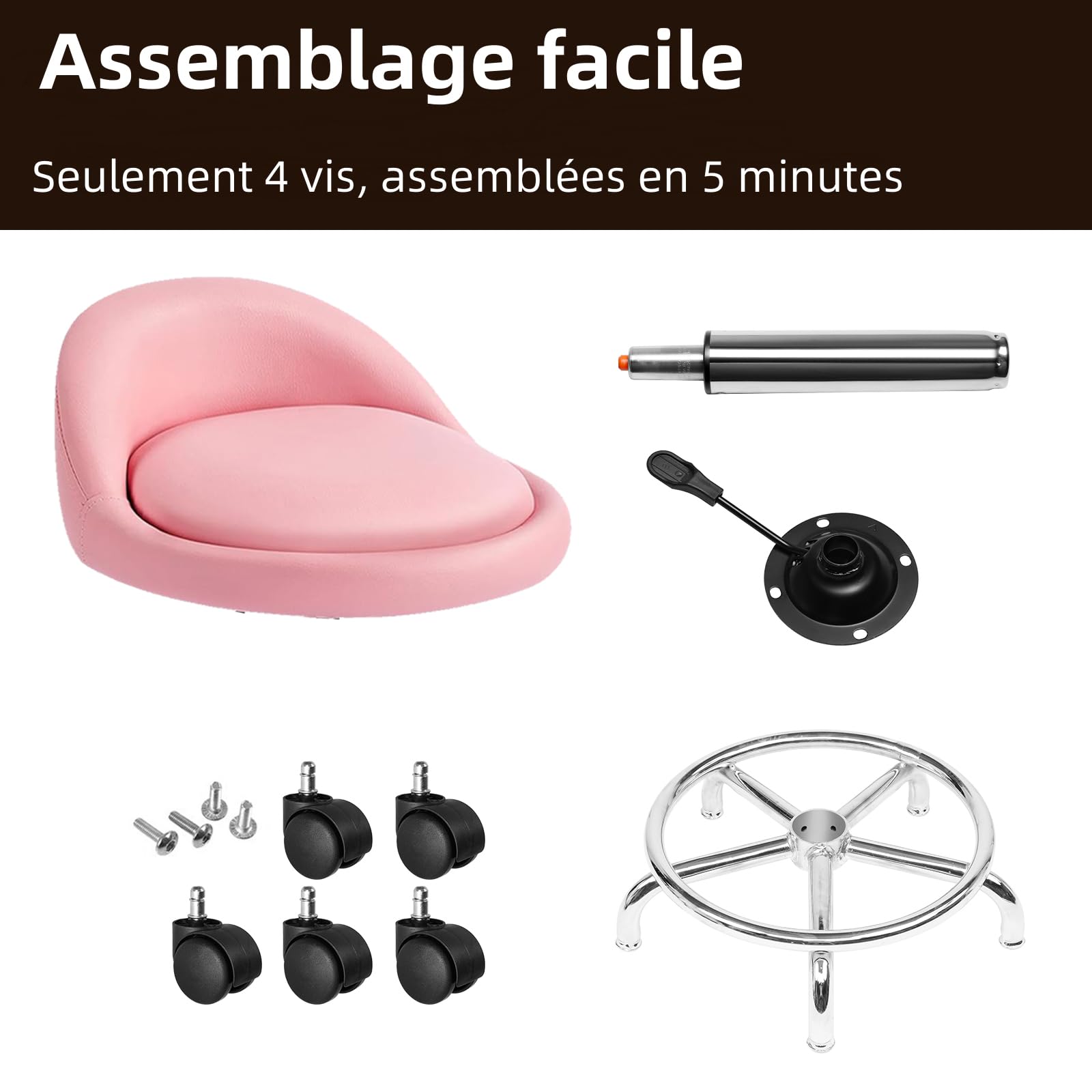 Tabouret de Bureau,Tabouret Rond avec Dossier,Tabouret à roulettes Rotation à 360°Hauteur Réglable 49-64 cm,Tabouret Coiffeuse,pour Salon de Massage, Bureau,Clinique Rose