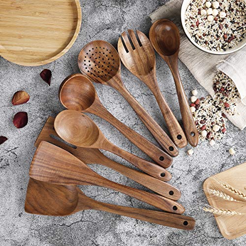 Wooden Spoons For Cooking, Kitchen Utensils Set, Natural Teak Wood Spoon And Spatula For High Heat Stirring,Cooking Spoons Wooden Spatula For Nonstick Cookware (8) #TOP6