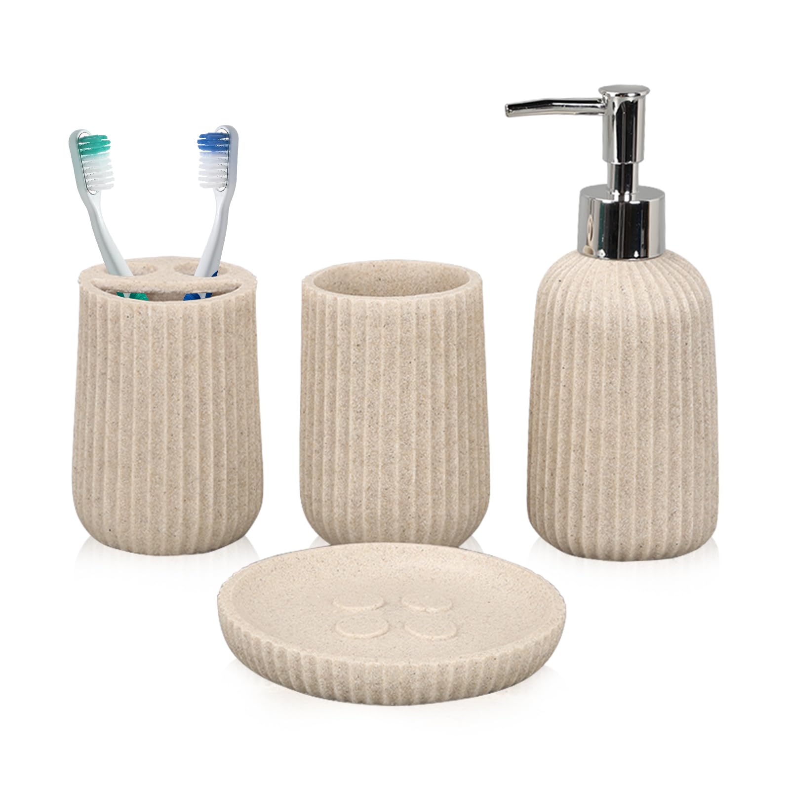 Tefola Juego de Baño de Resina de - 4 Piezas - Botella de Loción de 250 ml, Vaso para Enjuague Bucal, Soporte para Cepillo de Dientes, Jabonera - Juego de Accesorios de Baño - Beige