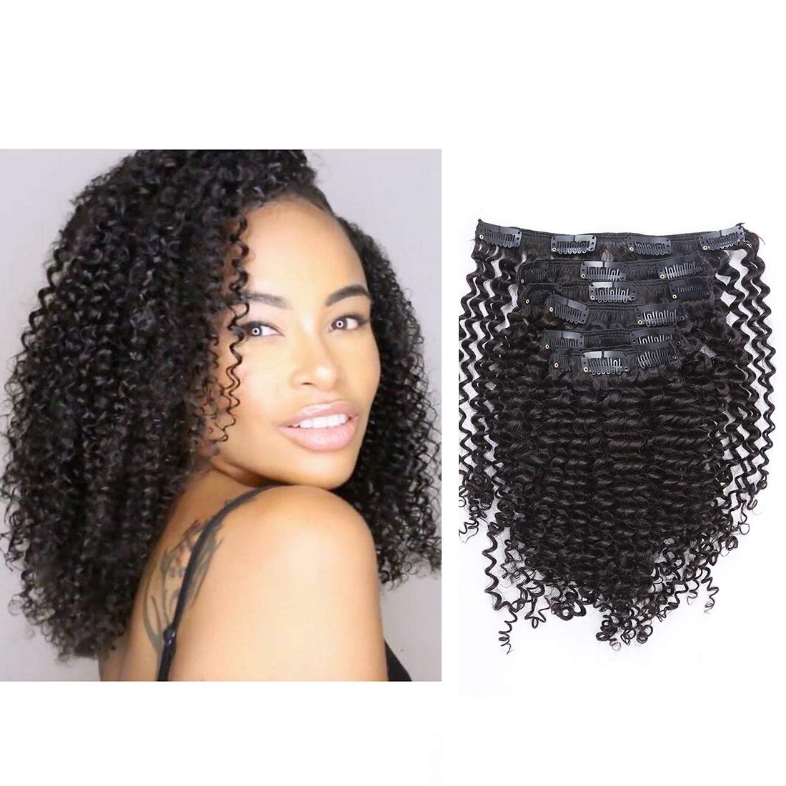 Anrosa Clip in Kinky Curly Remy Human Hair Extensions for Black Women (16 INCH, KC #1B)