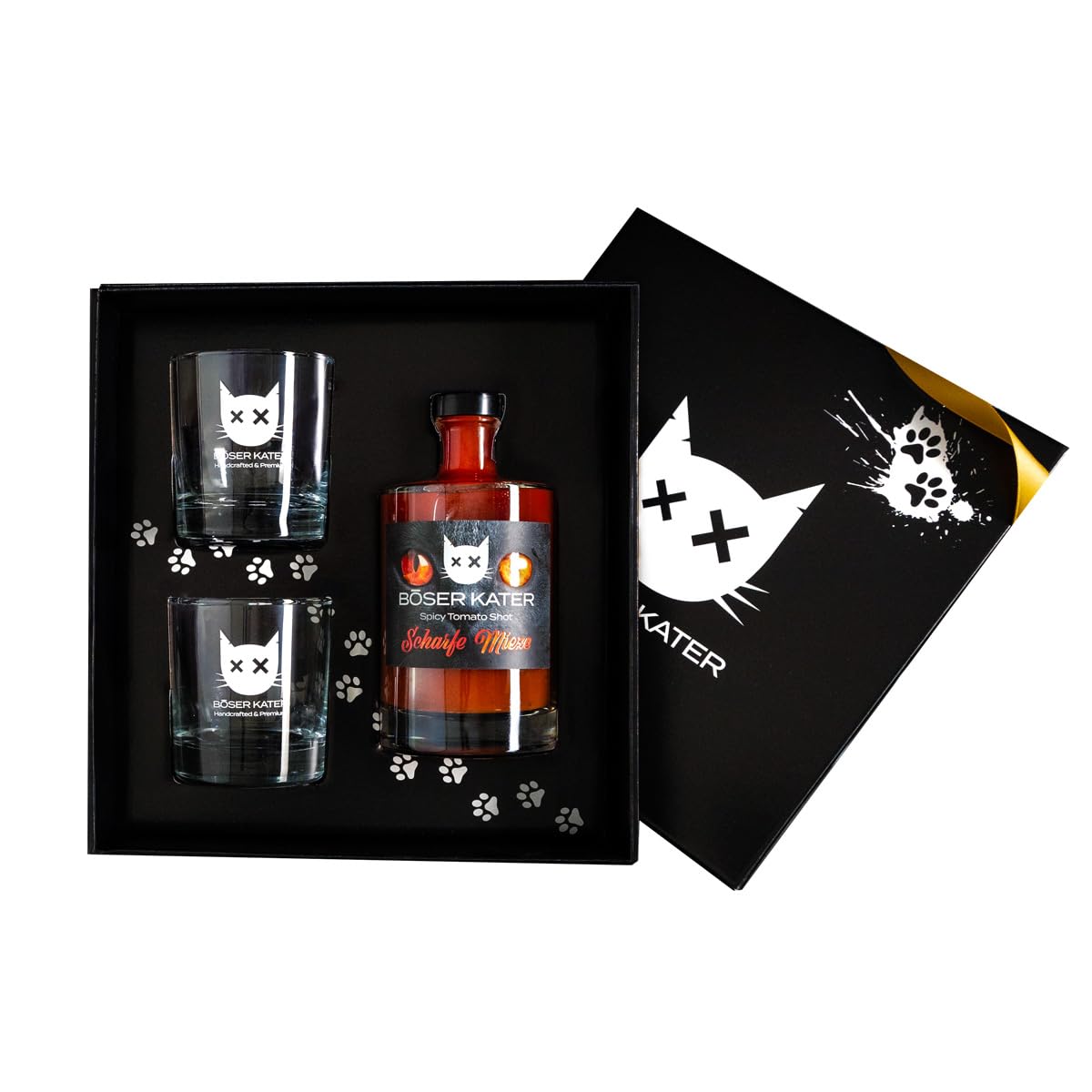BÖSER KATER Scharfe Mieze Geschenkset mit 2 Gläsern, Würzig scharfer Tomaten-Shot, der beste Mexikaner, das perfekte Geschenk in hochwertiger Box, 0,5l 12,5% Vol.