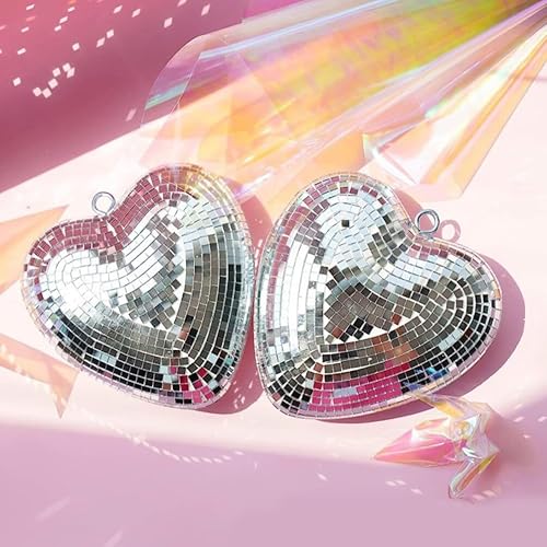 Miniatura 2 de VILLCASE Bolas de discoteca en forma de corazón, decoraciones de bola de discoteca plateada con cadena adjunta, colgante de luz reflectante para DJ