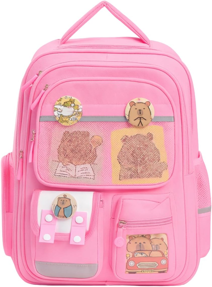 Mochila Capivara Escolar Unissex 20L Estampa Alto-Relevo Bolsos Laterais para Garrafa Bolso Frontal com Fecho Alças Acolchoadas Ajustáveis Resistente Leve Escola Passeio Viagem