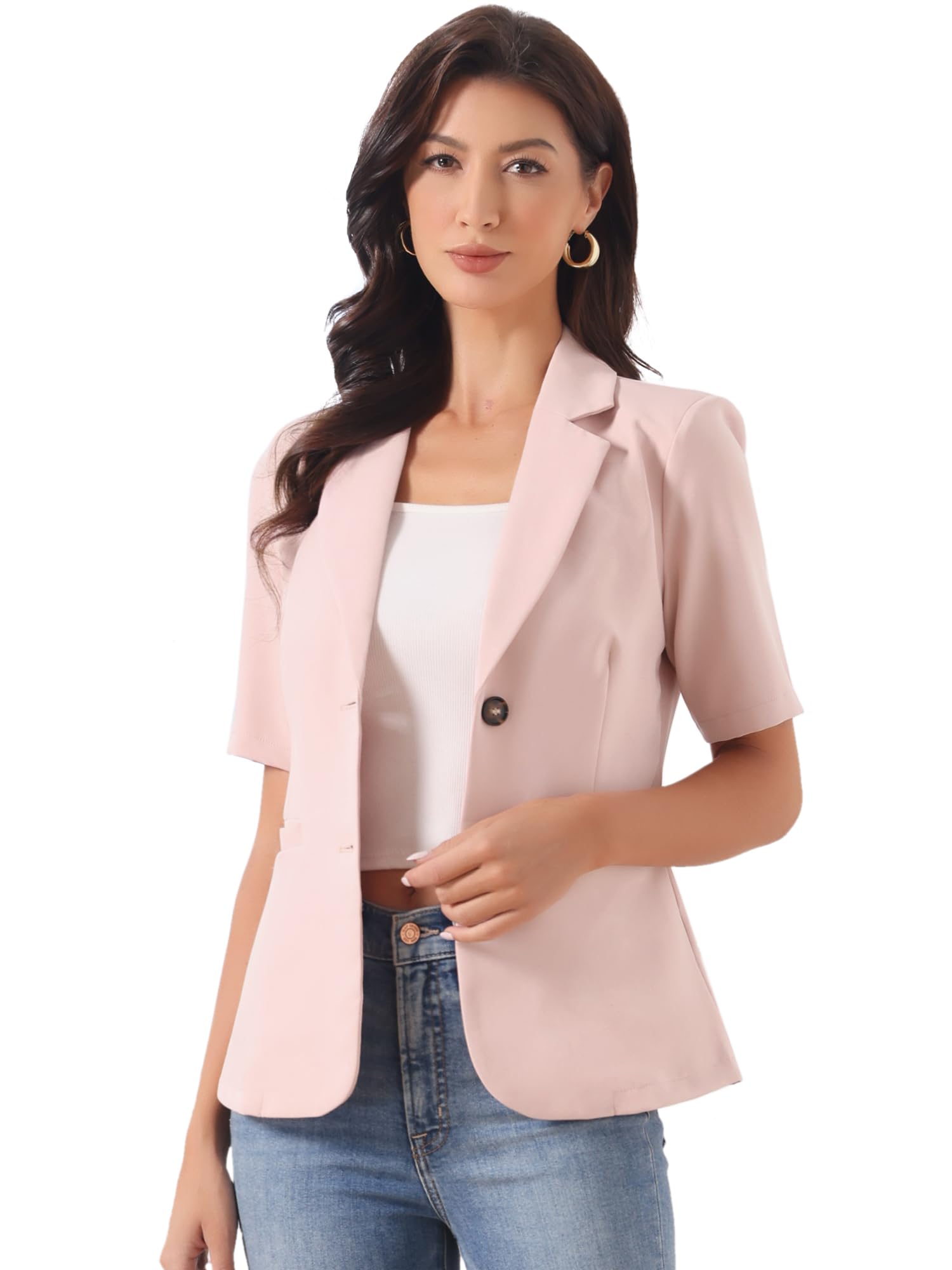 Allegra K Blazer da Donna a Maniche Corte con Revers Aperto sul Davanti Casual da Lavoro con Tasche