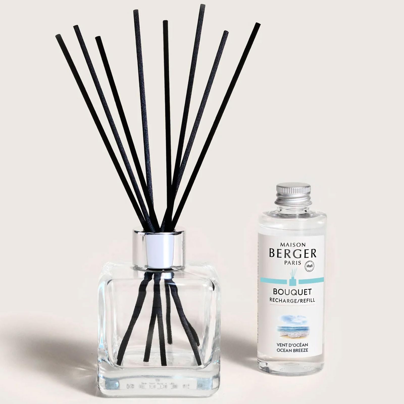 MAISON BERGER - Reed Diffuser Clear Glass Scented Bouquet - 8 Black Reed Sticks (8.3 inches) - Includes 100 Milliliters (3.4 Fluid Ounces) Fragrance Refill (Ocean Breeze)
