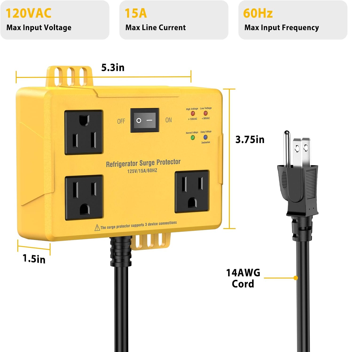 3 Outlets Refrigerator Surge Protector for Home Appliances with Time Delay, 2FT Wall Mount Protector de Voltaje Protects Against Brownout, Spike, Instant Surge All Voltage Abnormalities. ETL Listed. - Image 7