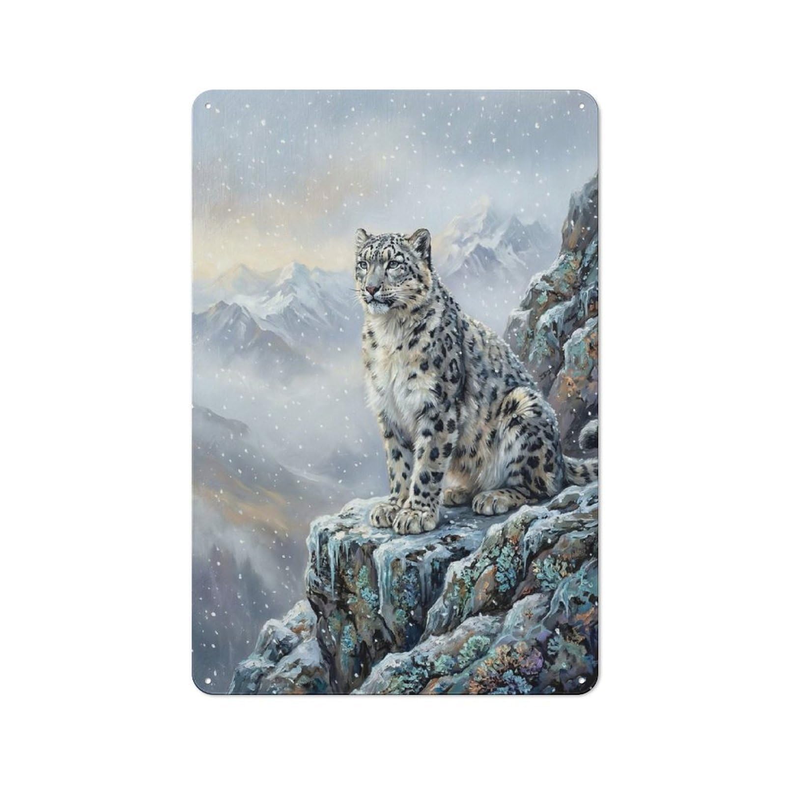 Junmoney Style-22 Workshop Style Garage Metal Sign 30X20cm Featuring Snow Leopard On Snowy Mountain Cliff, Industrial Wall Art For Garage, Hobby Room, Office Or Man Cave