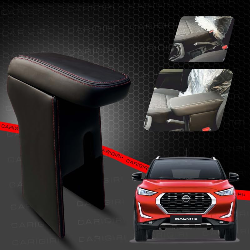 Image of Carigiri Premium Finish Car Armrest with Storage Box And High Density Moulded Foam For Nissan Magnite (Models-2020-2025) (Red Seam,Nappa Leatherette)