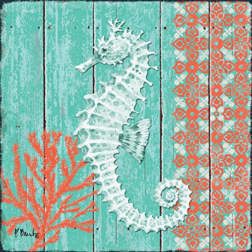 4 Lovely Teal And Coral Ocean Seashell Sand Dollar Seahorse Star Fish Collage; Nautical Decor; Four 12X12 Inchwhite Framed Prints; Ready To Hang! #TOP5