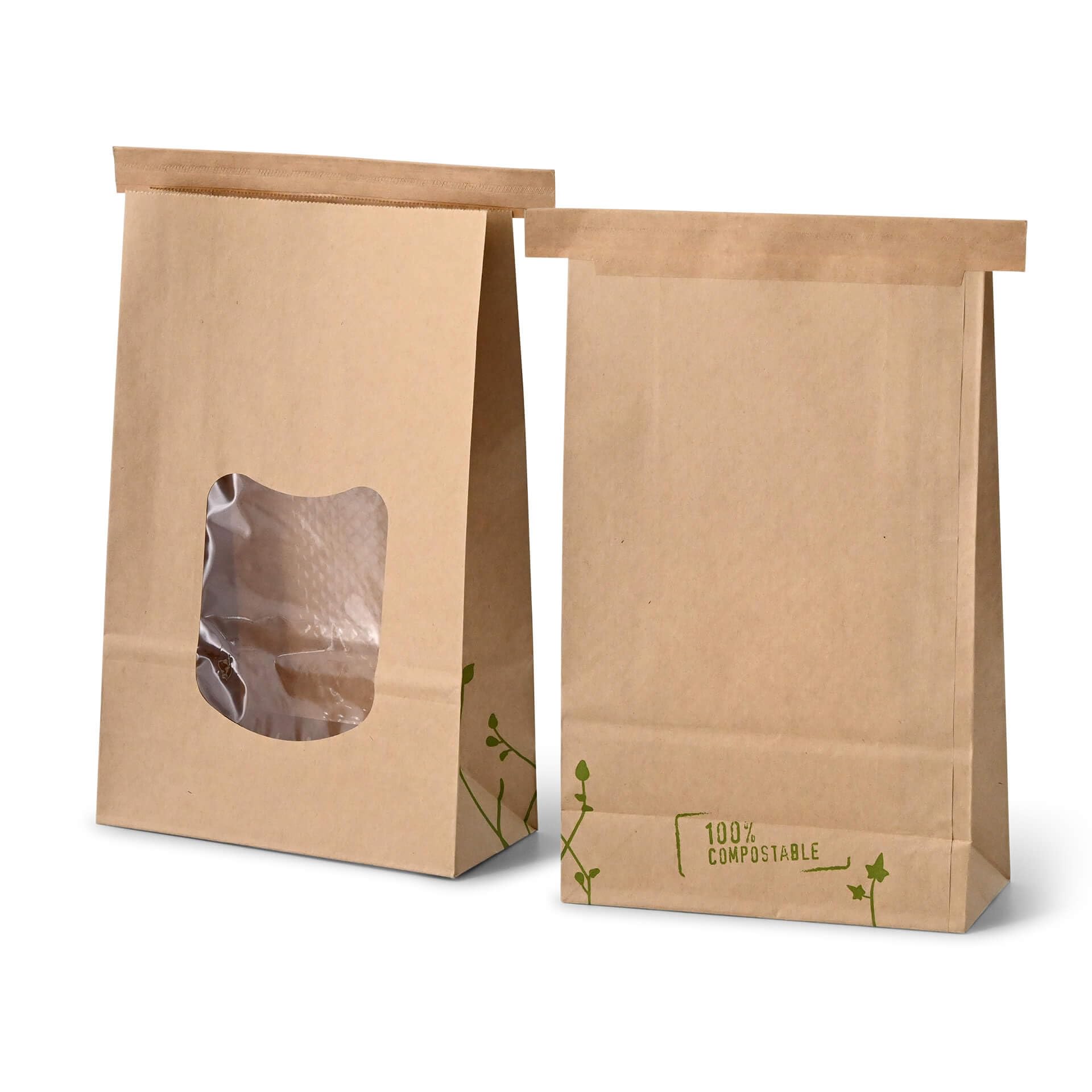 Bolsas de papel biodegradables con fondo plano tamaño L con ventana y cierre clip 400 unidades I bolsas de papel kraft con ventana y revestimiento PLA I bolsas para galletas, té, etc