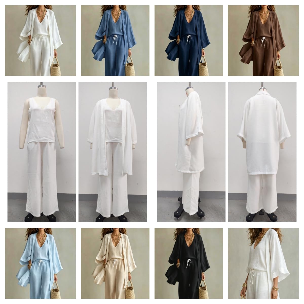 Completo da Donna In 3 Pezzi Di Lino Bianco: Cardigan Kimono Aperto Sul Davanti, Top A Canotta con Scollo A V E Pantaloni A Gamba Larga con Coulisse. Set Coordinato Estivo Casual per Le Vac