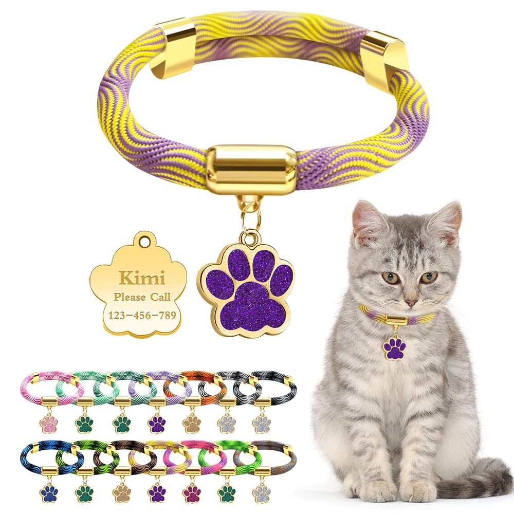 Personalized Breakaway Cat Collars with Magnetic Quick Release Buckle, Custom Engraved Name Tag for Cats (Wavy Yellow)