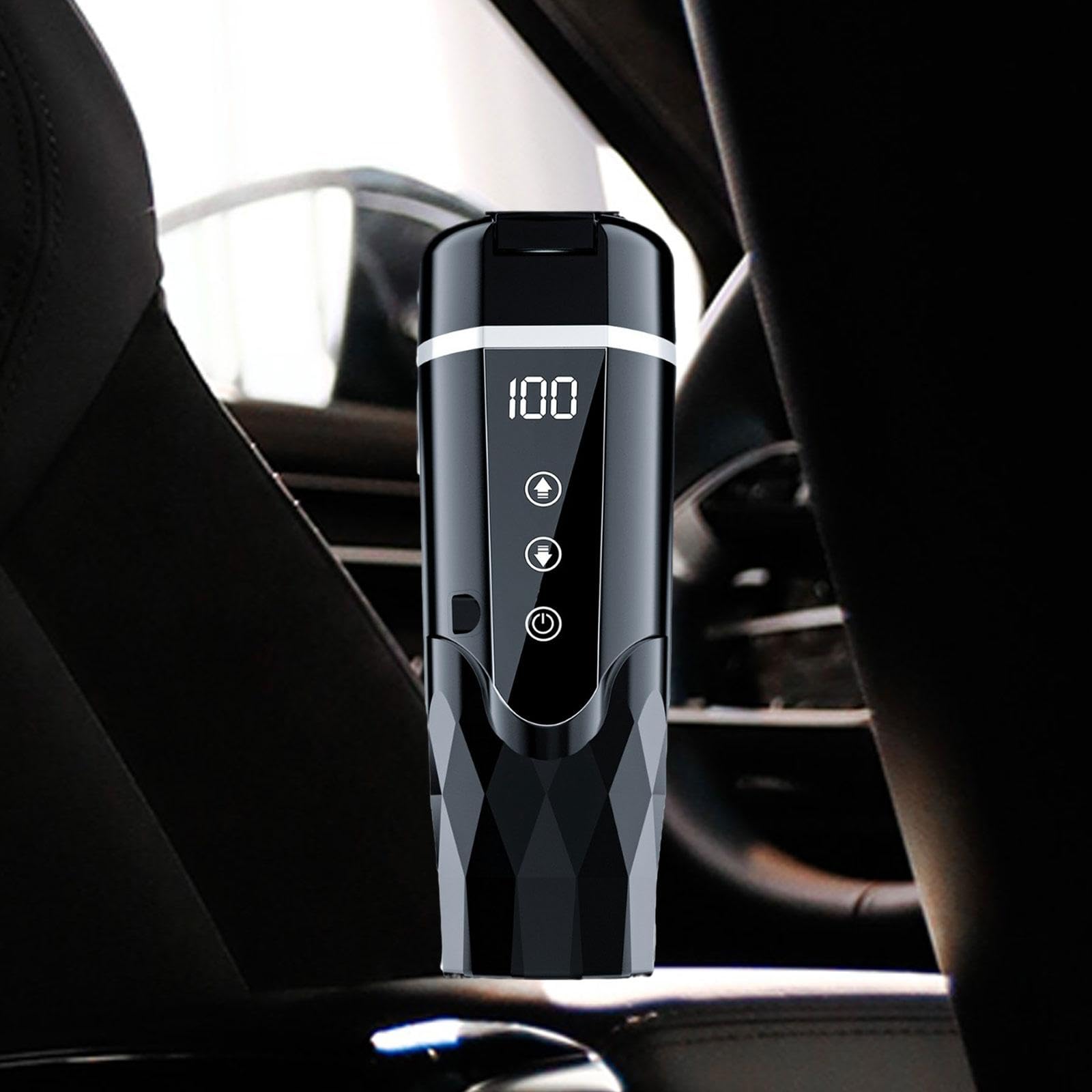 Taza Calefactable para Coche con Tapa Hermética Vaso Térmico Portátil Termo Eléctrico de Acero Inoxidable Pantalla Adecuada para Viajes Oficina Ca, Negro, Individual