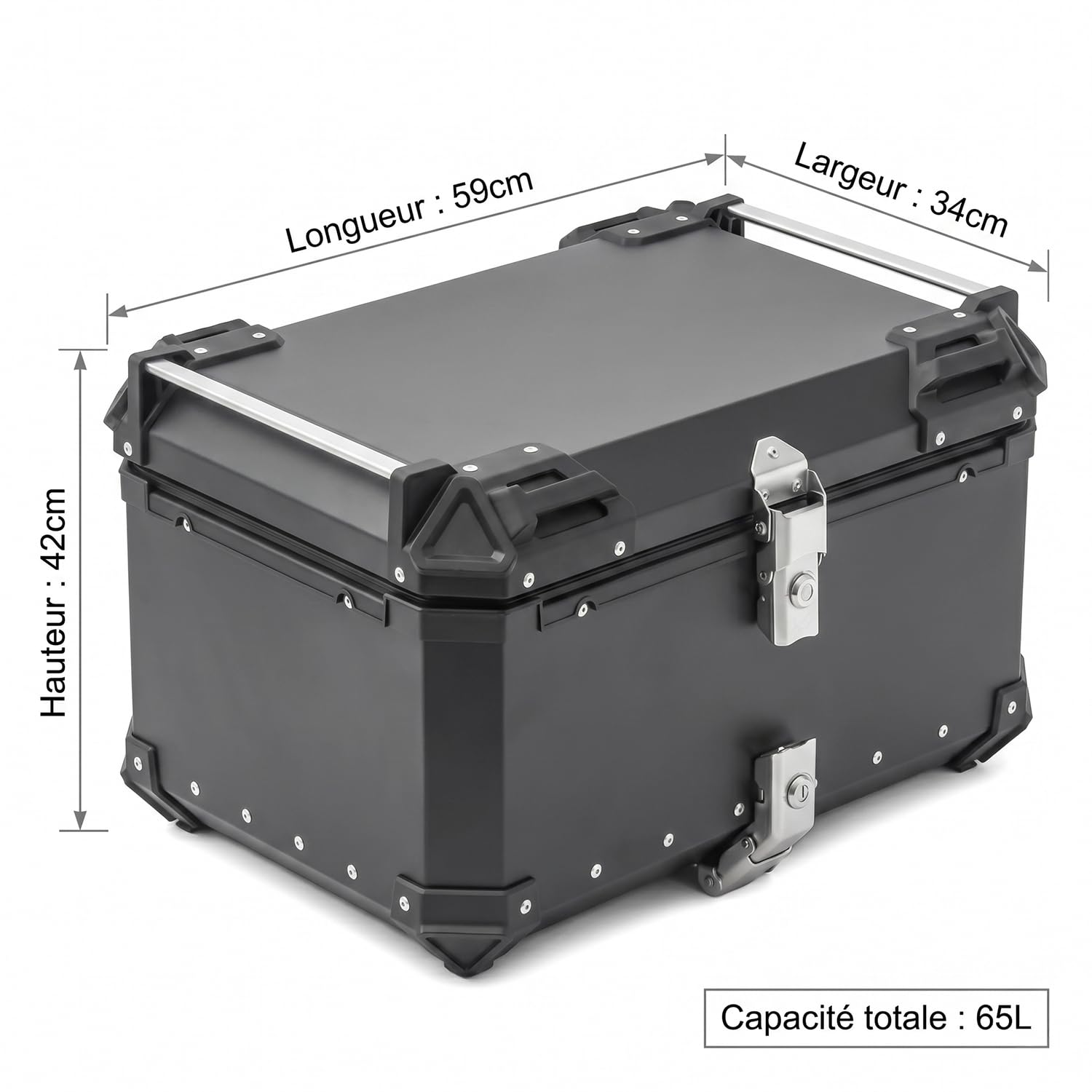 Top Case Moto 65L en Alliage d’Aluminium - Coffre Arrière Universel Étanche pour Moto & Scooter - Valise de Rangement Grande Capacité (2 Casques) Doublure Intérieure Premium Serrure de Sécurité