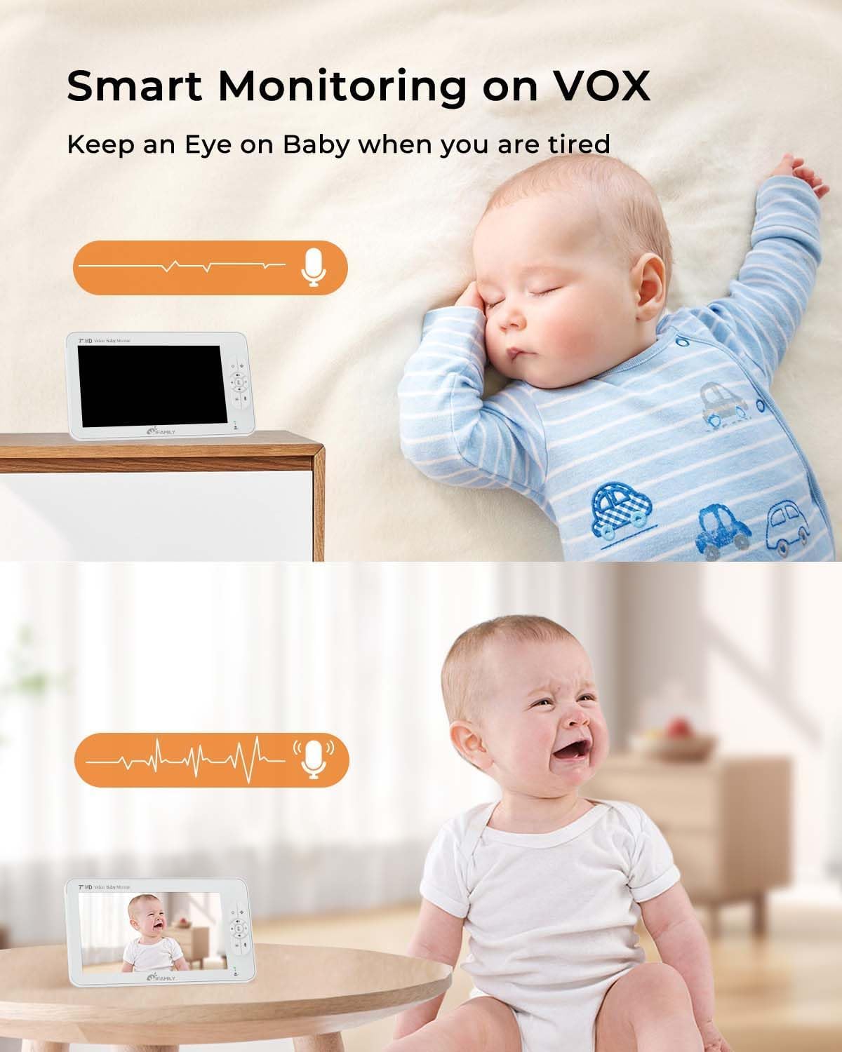 iFamily - Monitor grande de 7 pulgadas con 2 cámaras HD y audio, monitor de video HD 1080P, sin WiFi, a prueba de hackeos