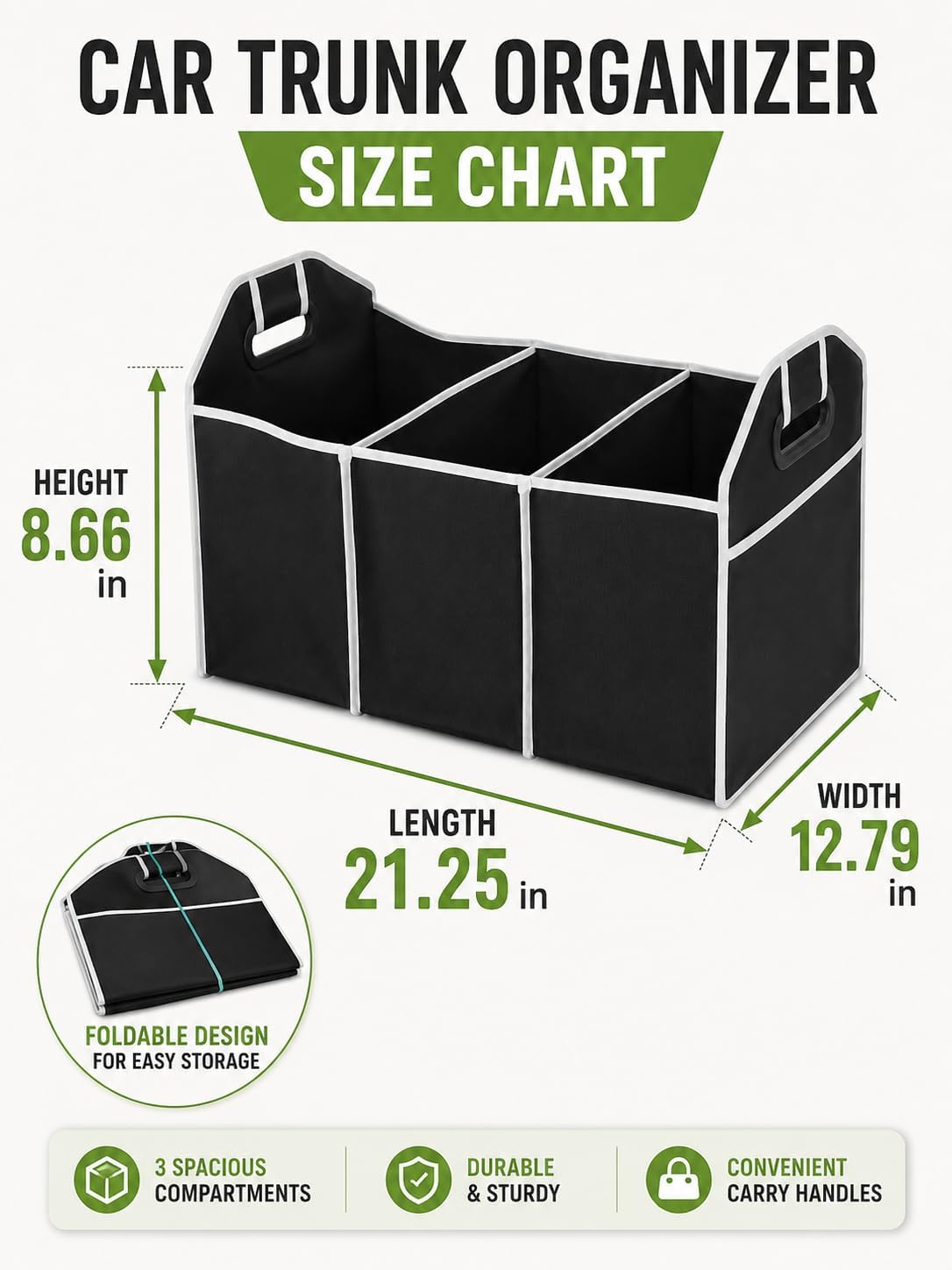 Car Trunk Organizer with 3 Compartments Folding Storage for Car, Large Capacity Cargo insulated Storage Boxes, Portable Waterproof Bags for Cargo Trunks, Universal SUV, Truck, Van Accessories