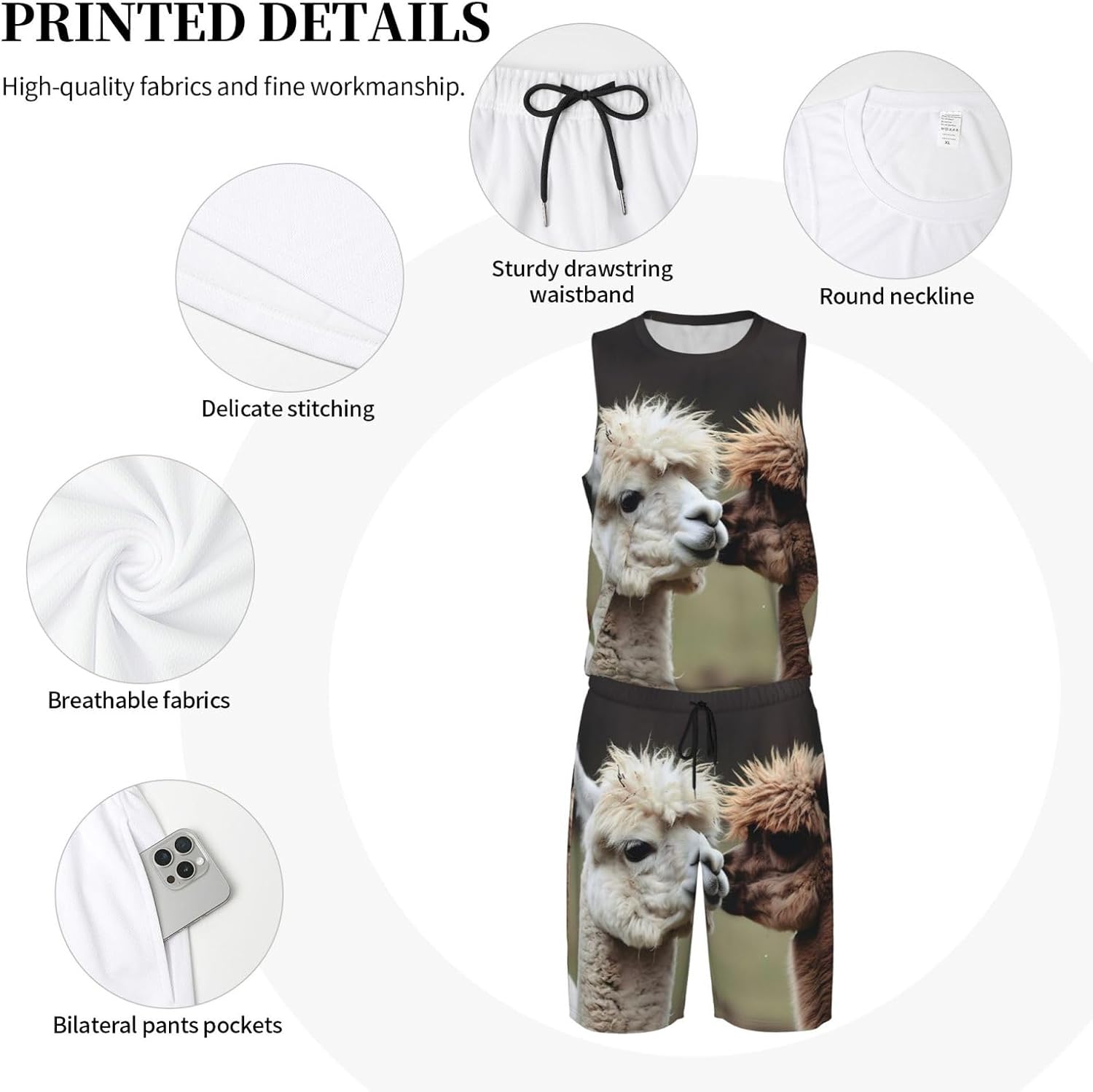 Mens Basketball Jerseys Funny Alpaca Uniform Suit Mesh Sports Jersey Outfits T-Shirt and Short Sets, Medium, Black