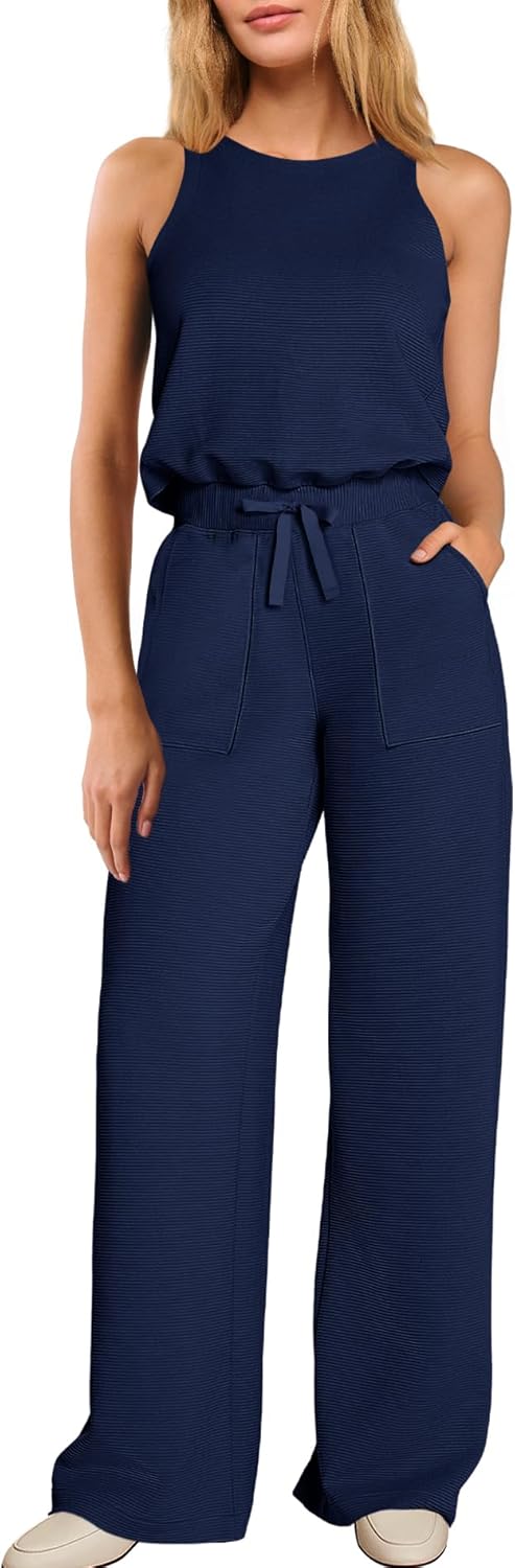 Nirovien Womens Wide Leg One Piece Jumpsuits Sleeveless Dressy Rompers with Pockets Ribbed Casual Travel Outfits