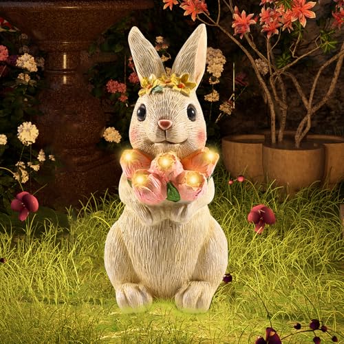 Silkwish Solar Kaninchen Figuren Gartendeko, Hase mit Blumen Umarmen...