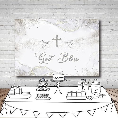 Miniatura 4 de MEHOFOND Telón de fondo plateado de 7 x 5 pies con texto en inglés "God Bless My Bautizo Nuestro Bautizo", fondo de fotografía para bautizo para