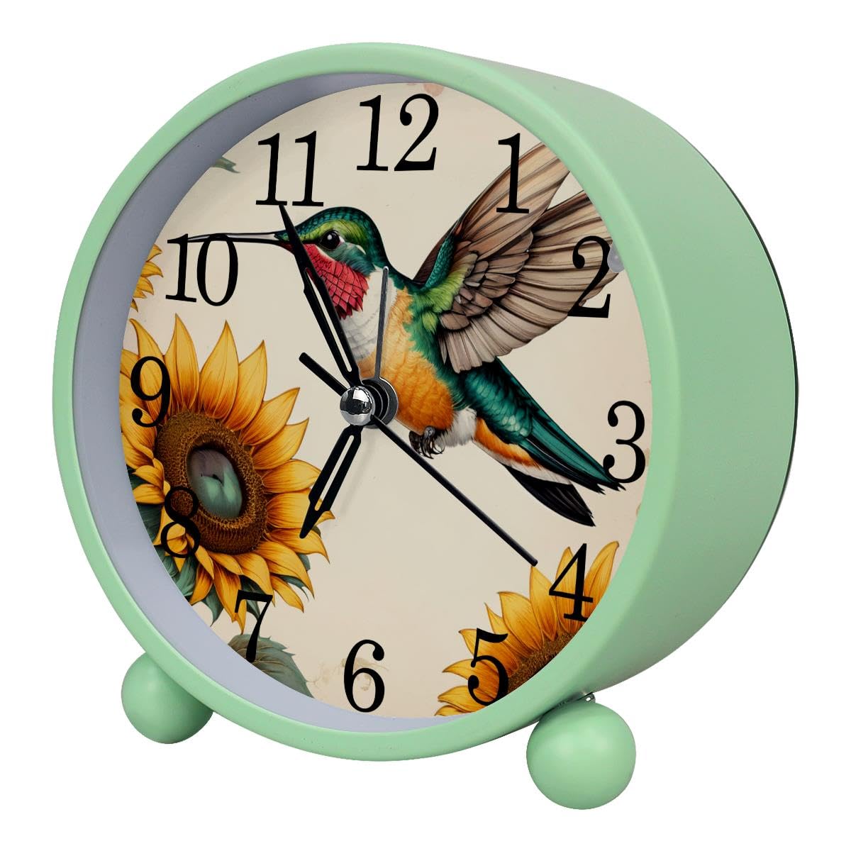 Luoweisi Alarm Clock Hummingbird Sunflower, Silent Non-Ticking with Night Light, Round Metal Alarm Clock for Office, Battery Operated, Bedroom, Elderly, Adults, Children, Student Gifts