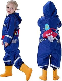Hovkib Children's Rain Suit Girls Boys One Piece Raincoat Rain Clothing Toddler Waterproof Rain Jackets Rain Jumpsuit Cute Cartoon Raincoats Rain Poncho 1-10 Years