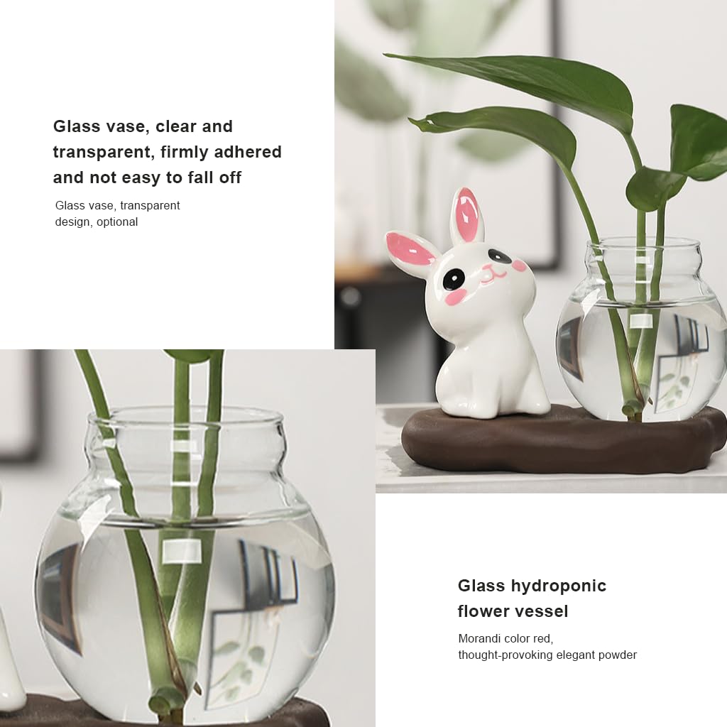 HASTHIP® Hydroponics Glass Planter, Mini Glass Hydroponics Pot Ornament, Art Cute Bunny Desk Ornament with Base, Air Planter Bulb Vase for Shelf, Office 1