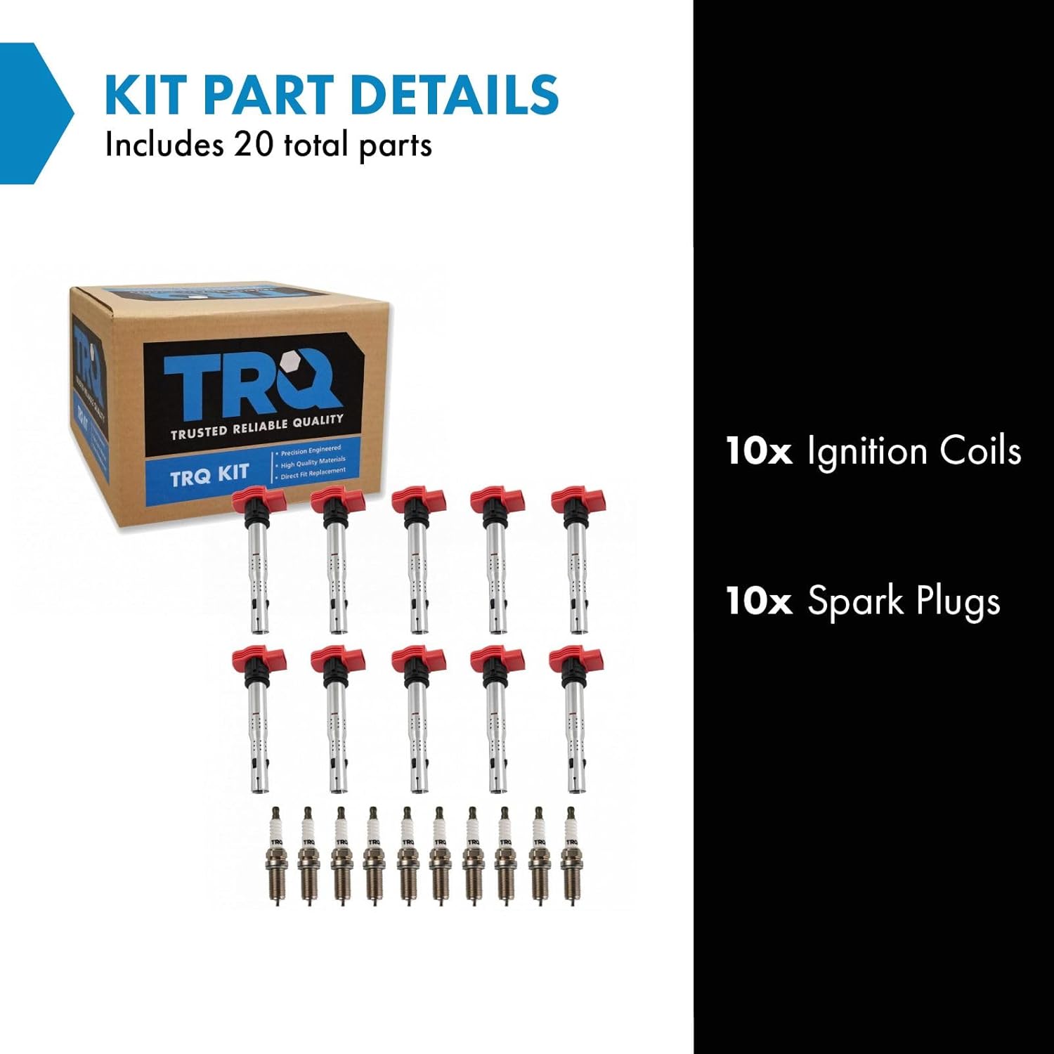 TRQ Ignition Coil & Spark Plug Kit 20 Piece Iridium Spark Plugs Compatible with 2009-2012 2014-2015 2017 Audi R8 2007-2011 S6 2007-2009 S8