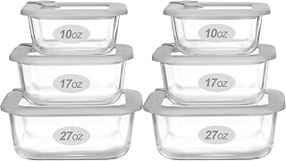 Glass Food Containers with Glass Lid, Microwave Safe Food Storage Container Set, 6 Pack Square Shape, Large Size Airtight Storage Set with Leak Proof Lids, Meal Prep Containers