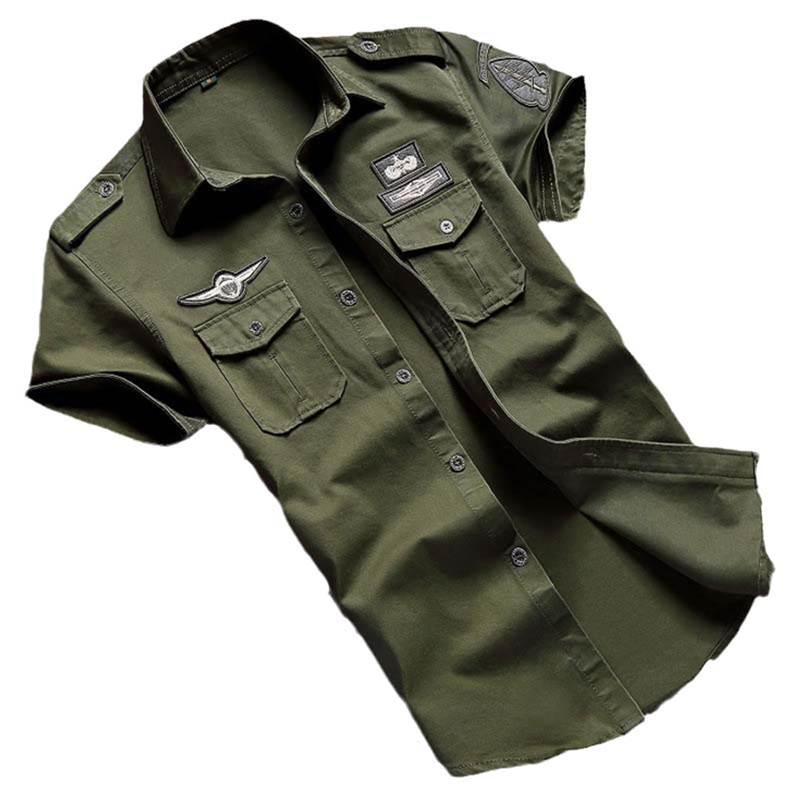 USTZFTBCL Chemise militaire décontractée pour homme, coton, manches courtes, rétro vintage, broderie noire