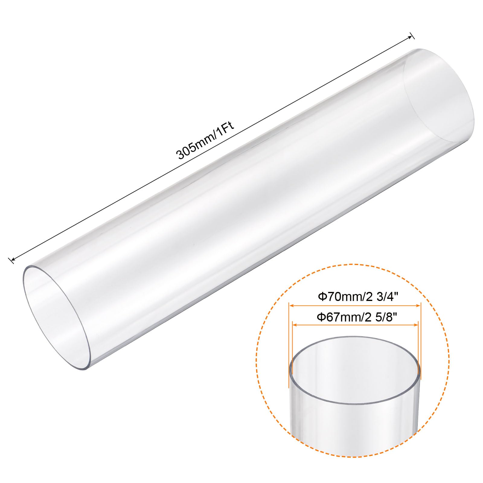 Tubo Rígido Redondo Transparente 67mm DI x 70mm DE x 305mm Plástico