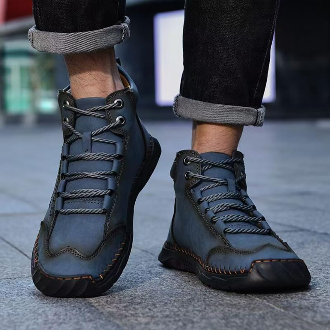 Men's Comfortable Handmade Leather Boots, Fashionable Comfortable Non Slip Arch Support Outdoor Walking Shoes