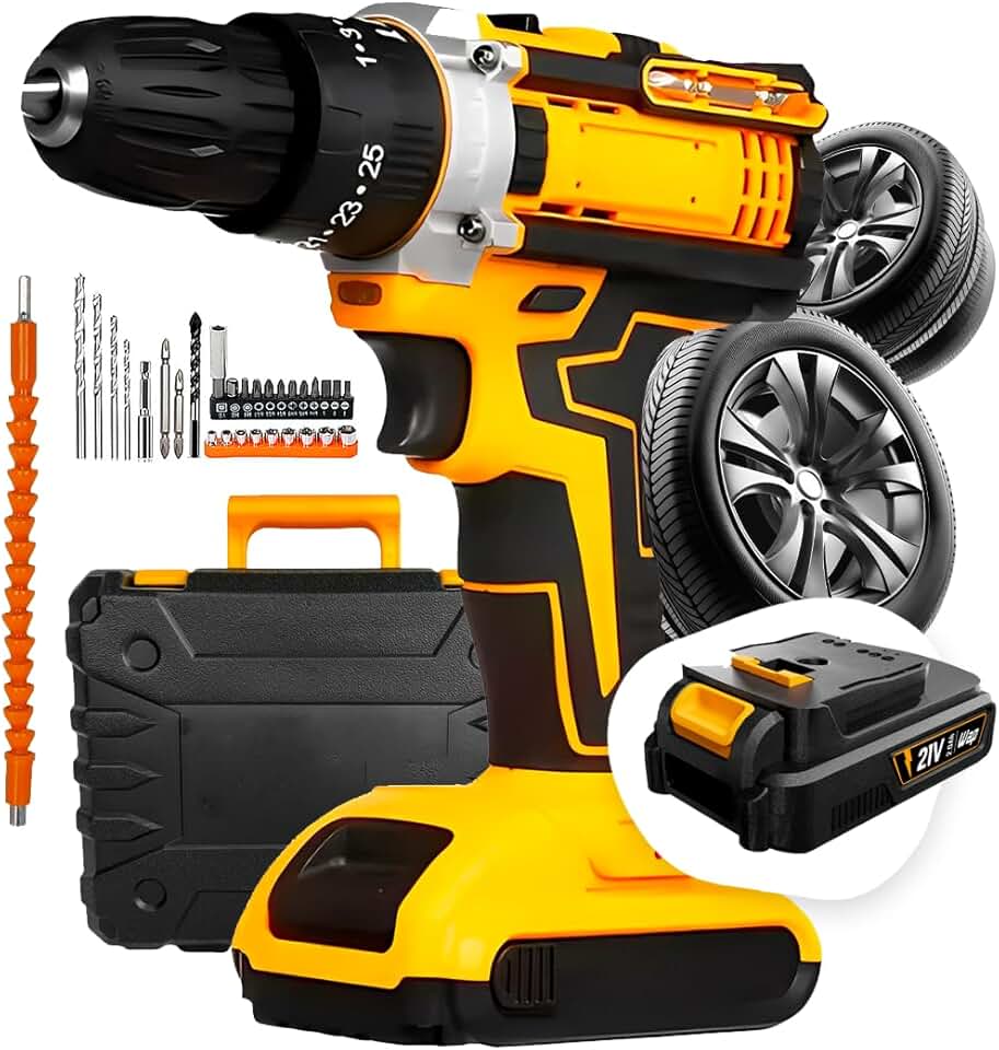 Furadeira e Parafusadeira de Impacto 21V, Sem Fio com LED, 2 Baterias e 32 Acessórios, Kit Maleta Profissional