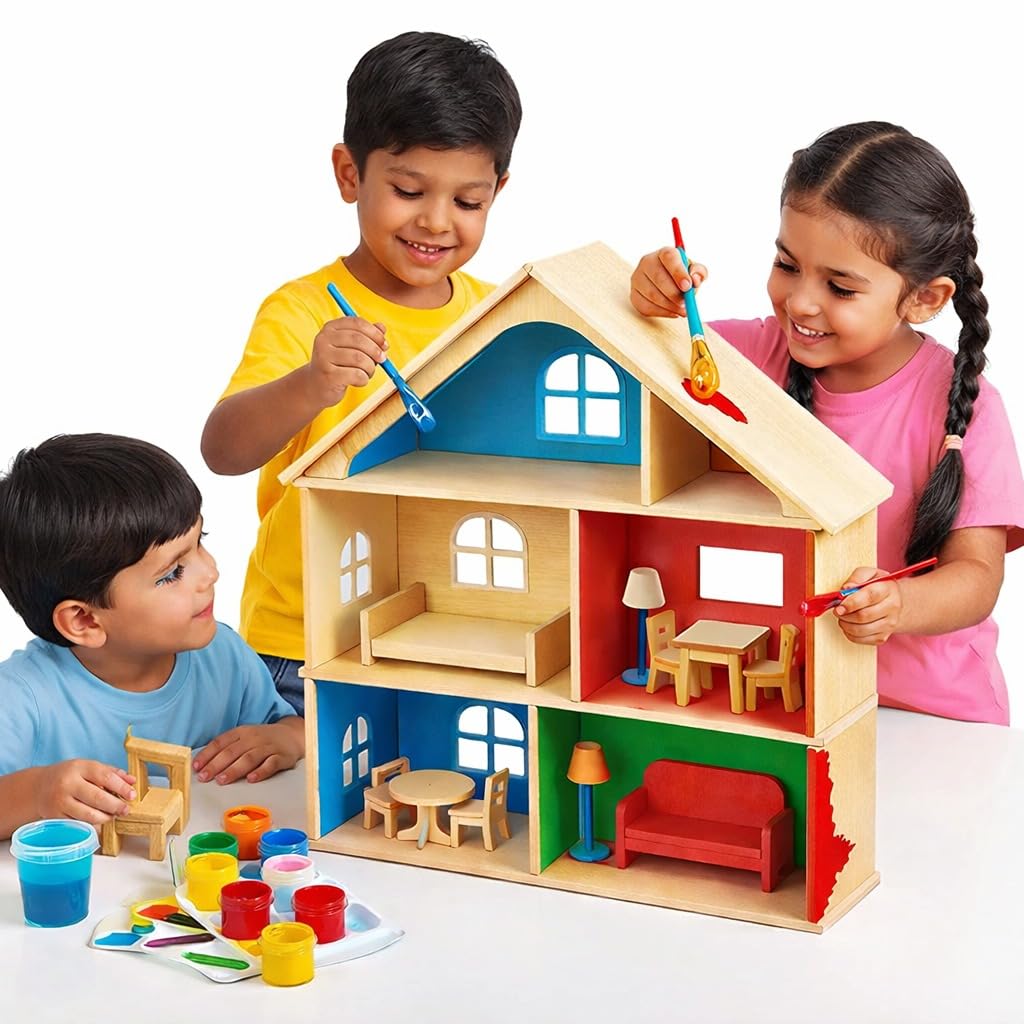 Clapjoy Big DIY Wooden Toy House Gift Kit with Miniature Furniture & Paint Set - Easy Assembly Doll House for Kids, Boys Girls 3 4 5 6 7 Year – Creative Play & Learning (Dolls House)
