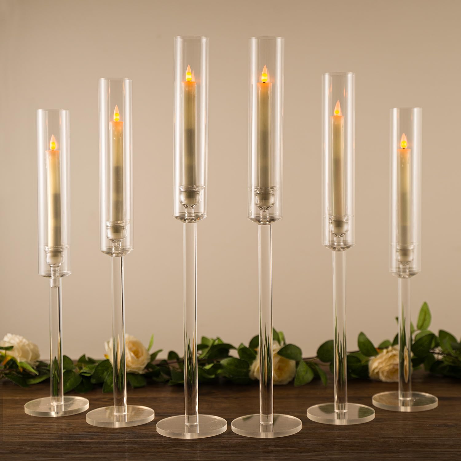 Candle Holder Set of 6 for Table Centerpiece, Candlestick Holders for Wedding Christmas Living Room Centerpieces Decor, Clear Candle Stick Holders, Acrylic Fit for LED Candles